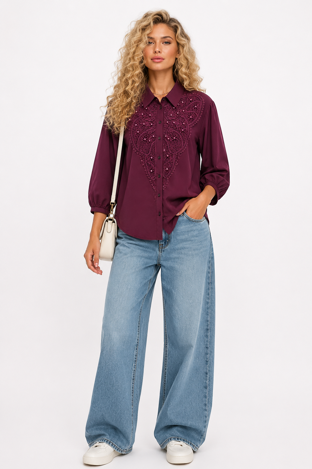 Solid with Embellished Lace Work tops