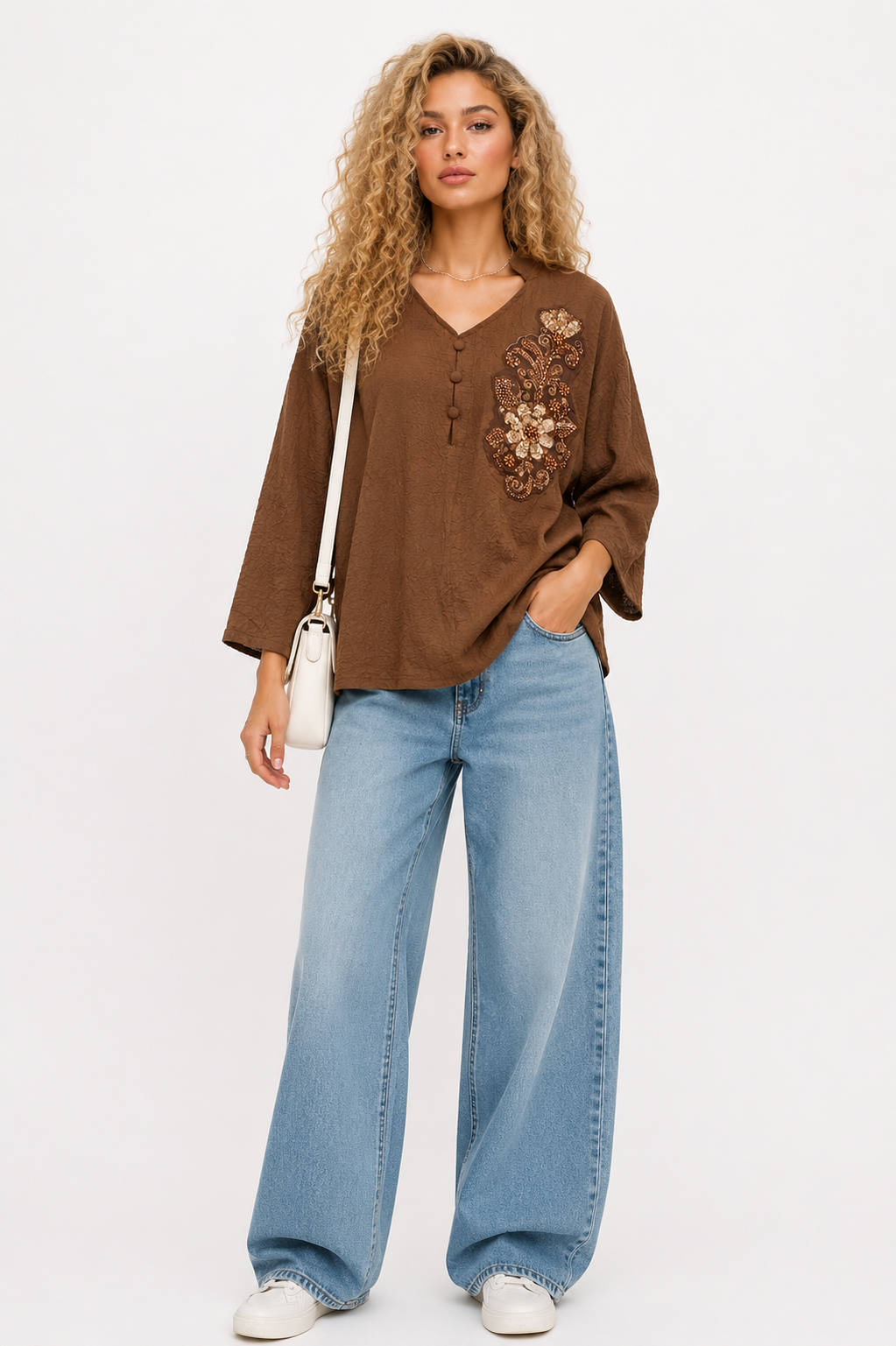 Solid Textured with Floral Embroidery