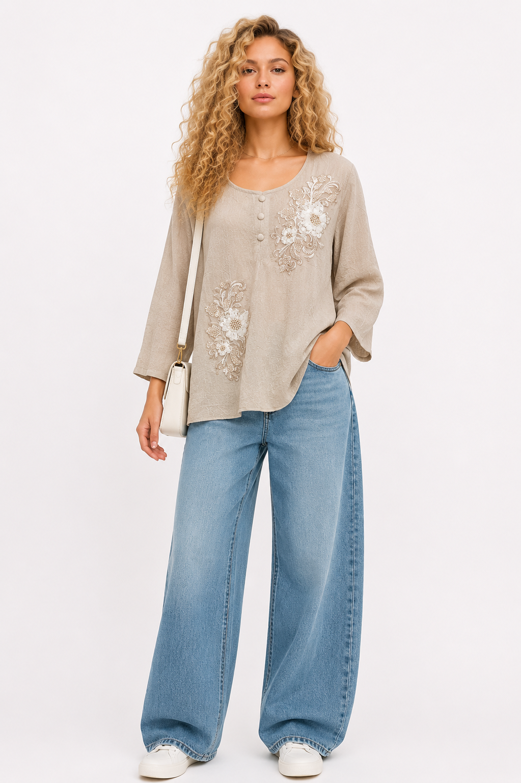 Solid Textured with Floral Embroidery