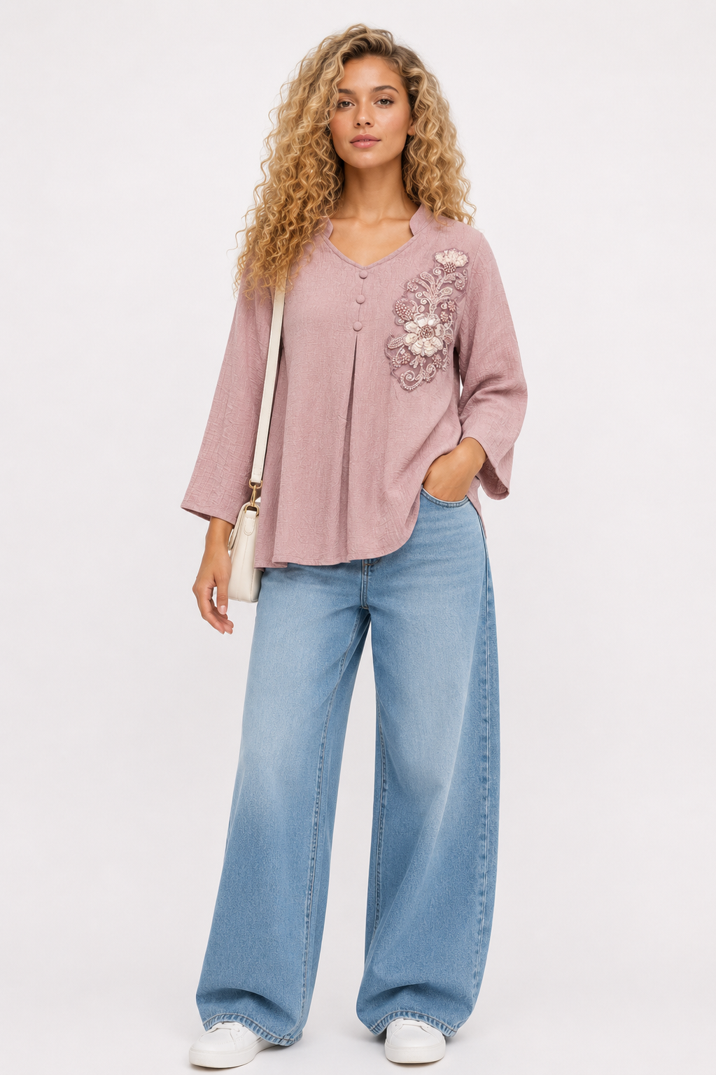 Solid Textured with Floral Embroidery