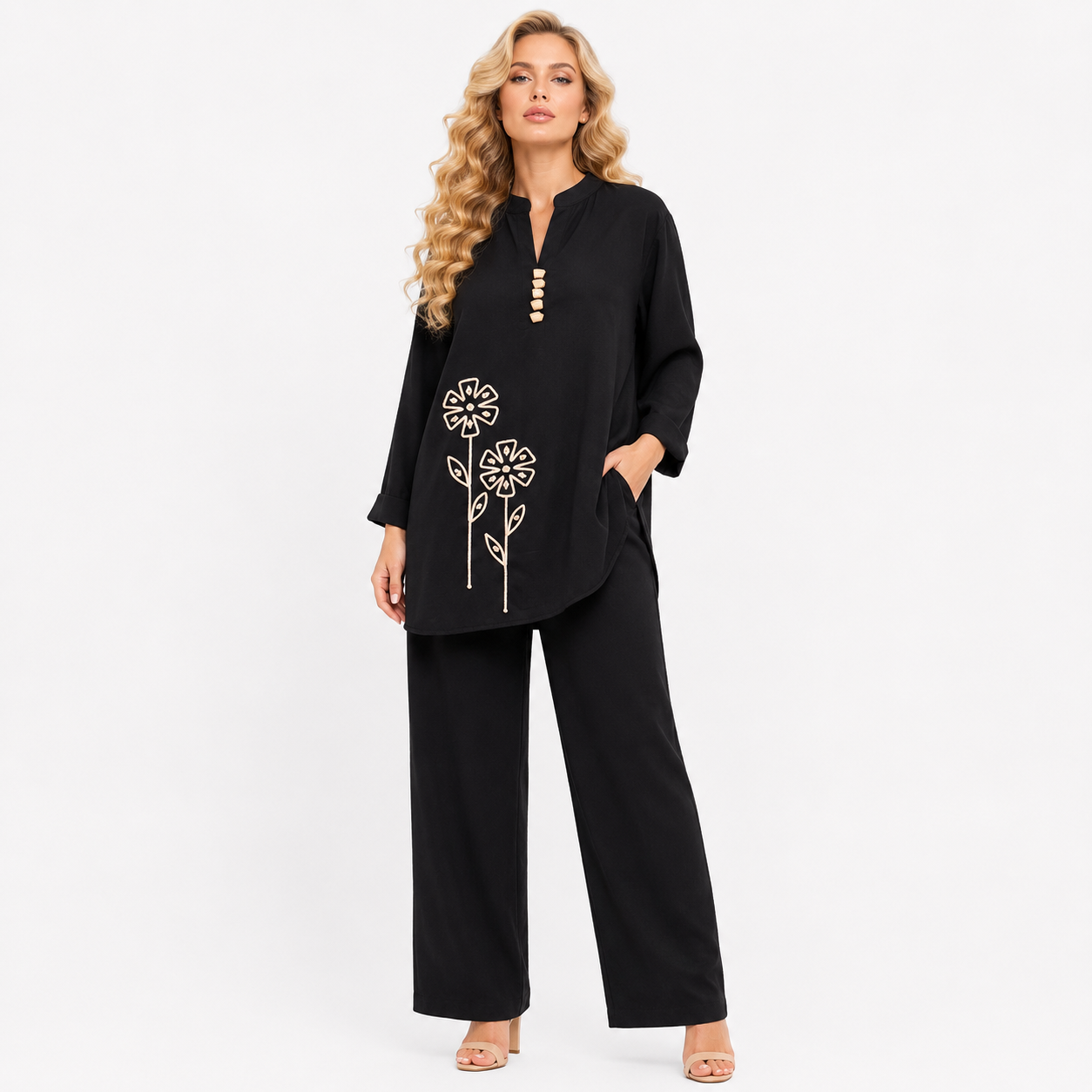V NECK FLORAL CORD SET