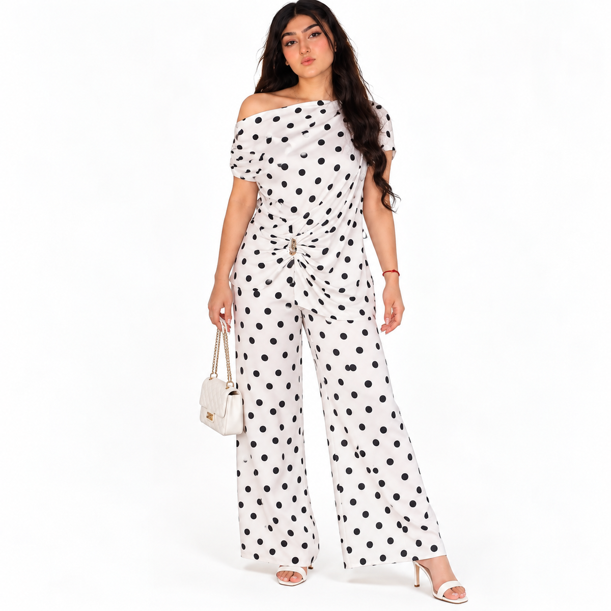 off shoulder poll ka dot cord set