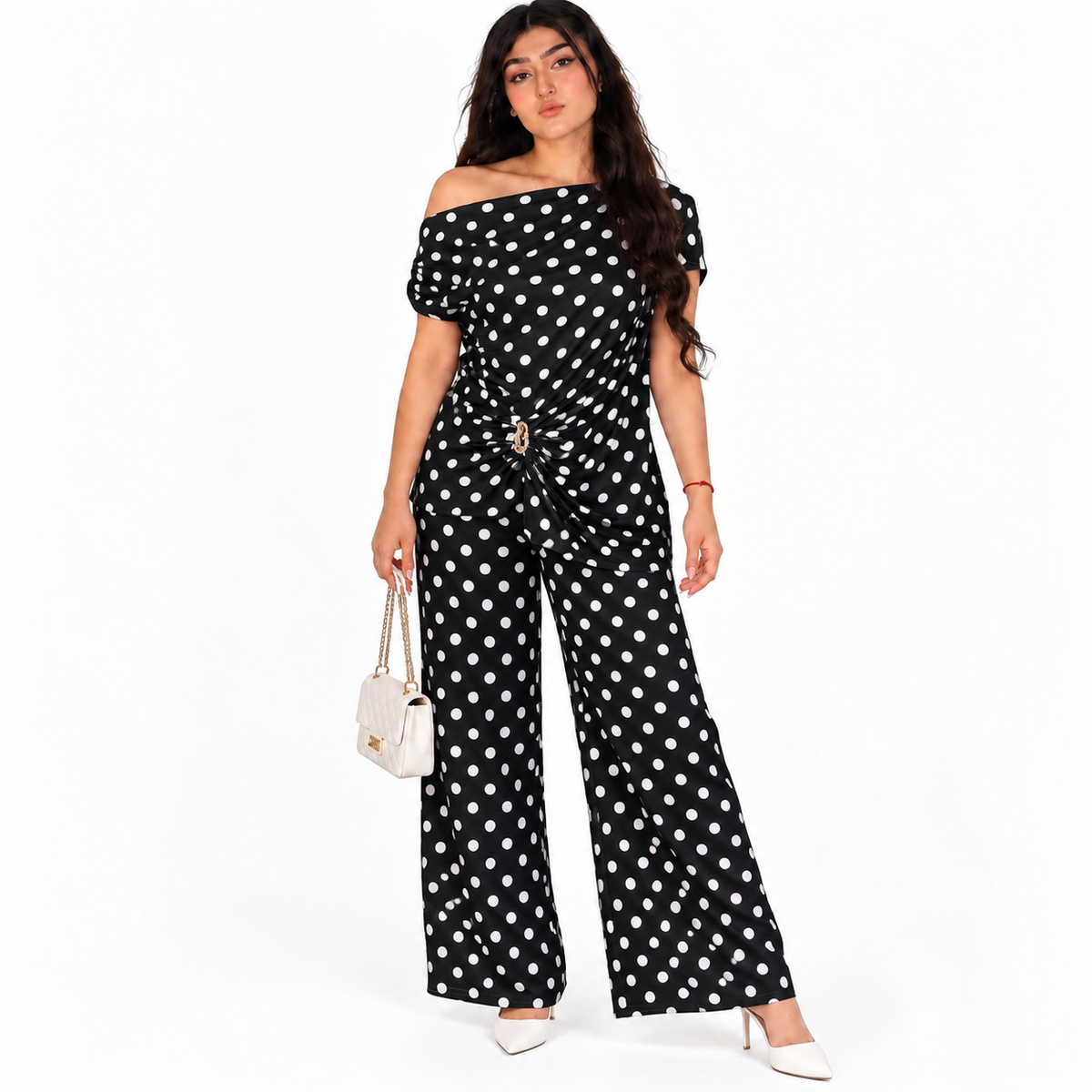 off shoulder poll ka dot cord set