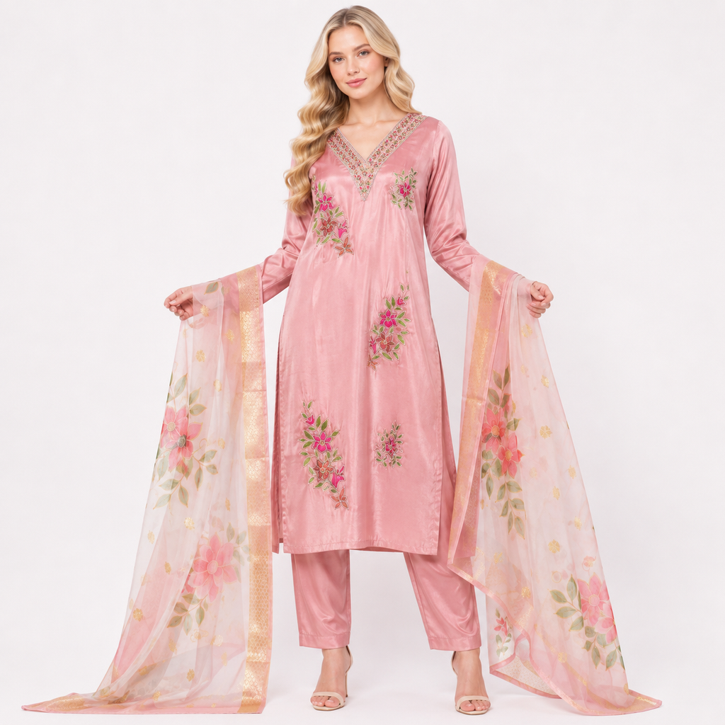v neck with printed chunni suit