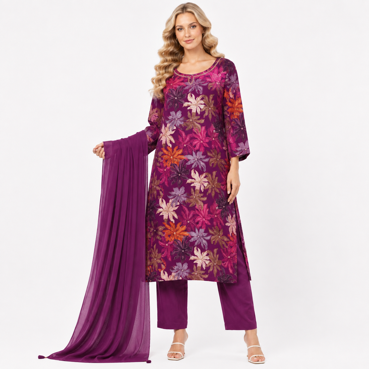 pink / green flower printe suit