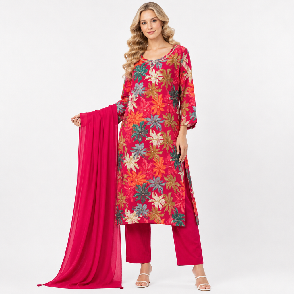 pink / green flower printe suit