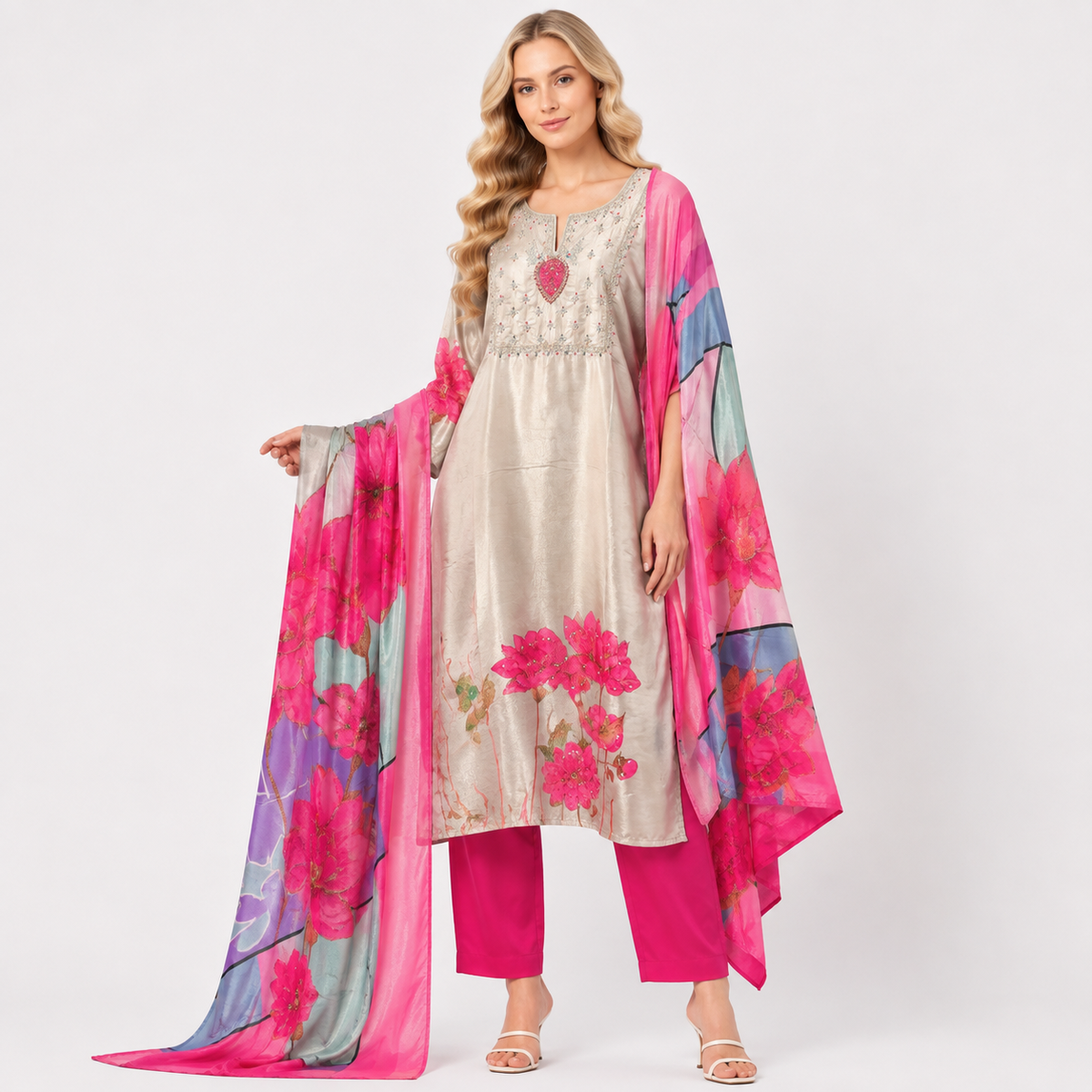 full printe chunni cut dana work suit