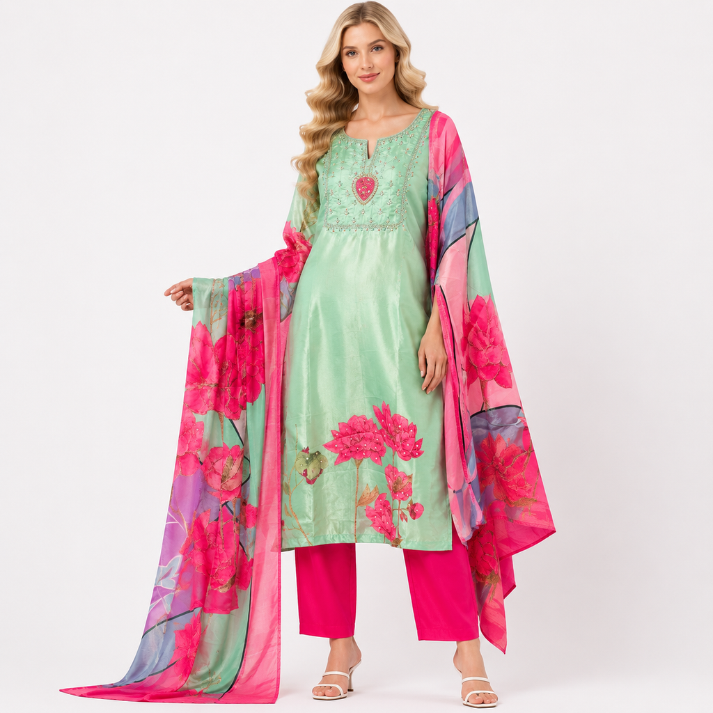 full printe chunni cut dana work suit
