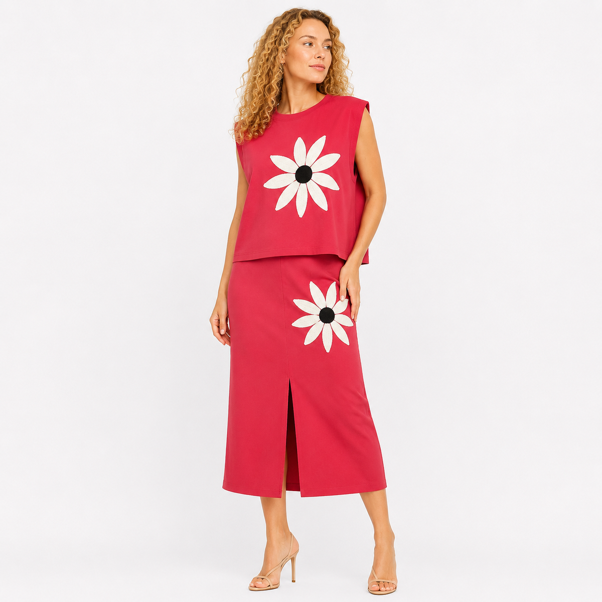 cut sleeve sunflower patch top skirt