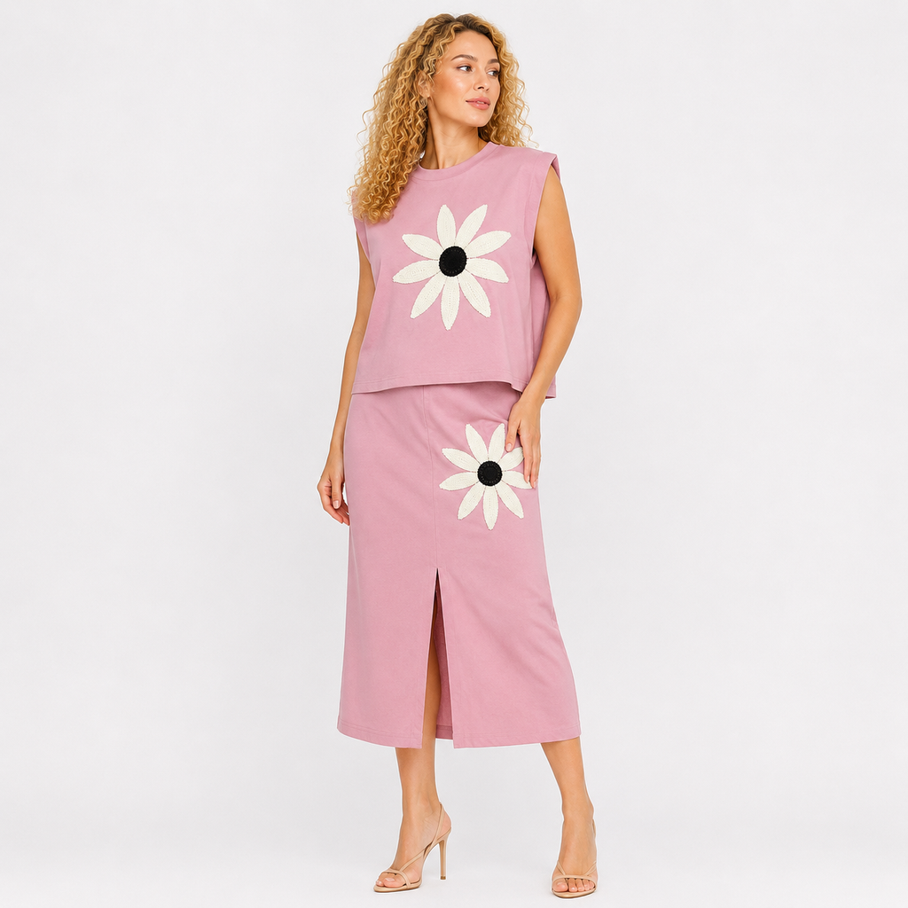 cut sleeve sunflower patch top skirt