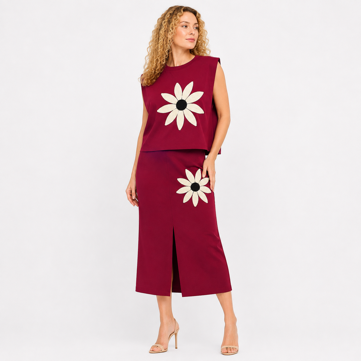 cut sleeve sunflower patch top skirt