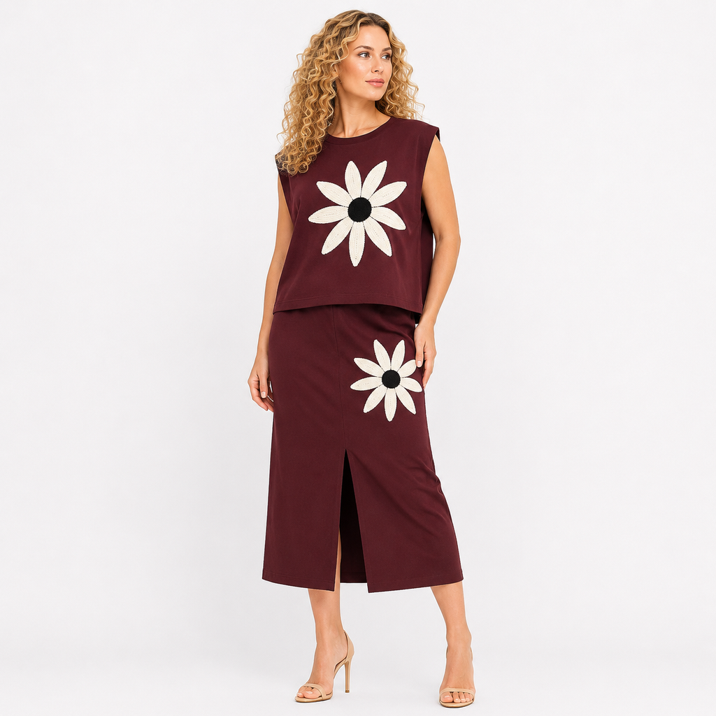 cut sleeve sunflower patch top skirt