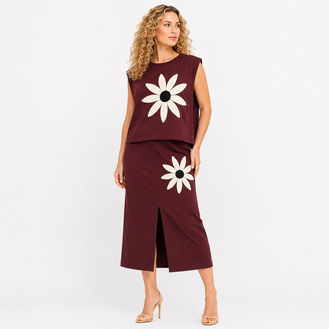 cut sleeve sunflower patch top skirt