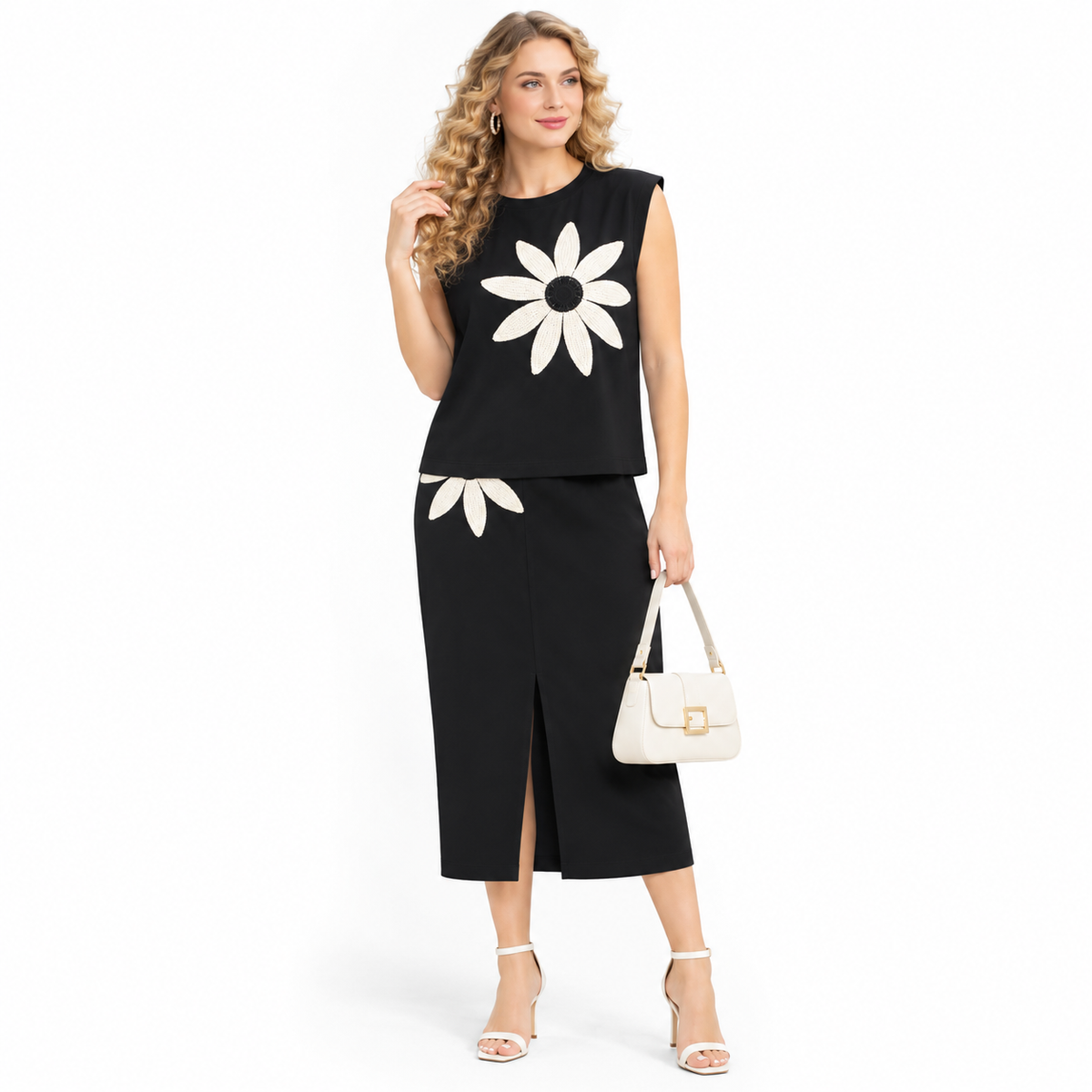 cut sleeve sunflower patch top skirt
