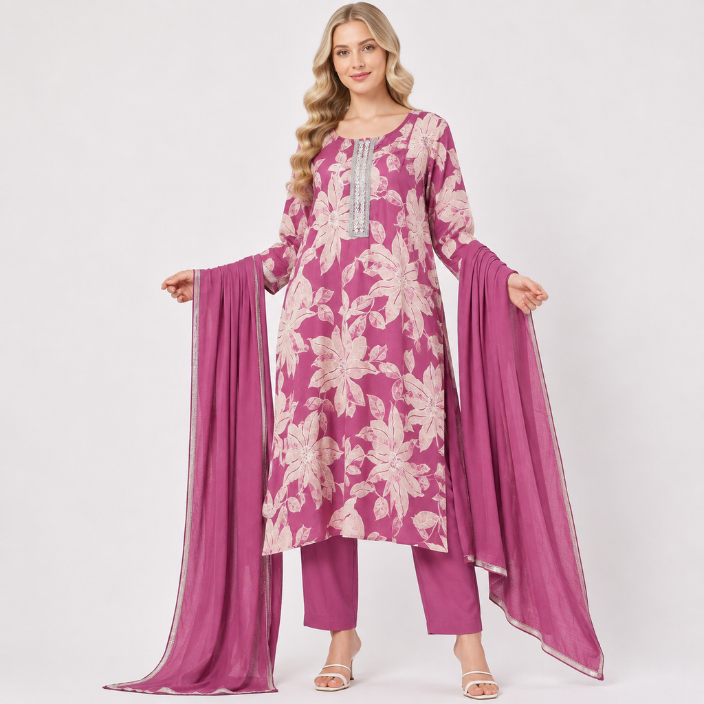 printed suit with plain chunni