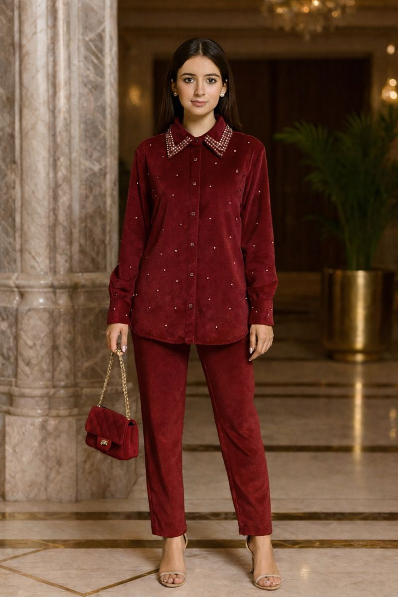 collar  studded velvet cord set free size till to 3xl