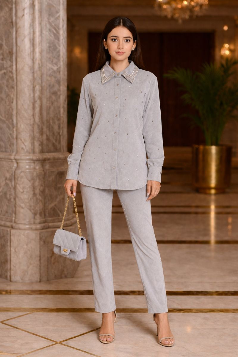 collar  studded velvet cord set free size till to 3xl