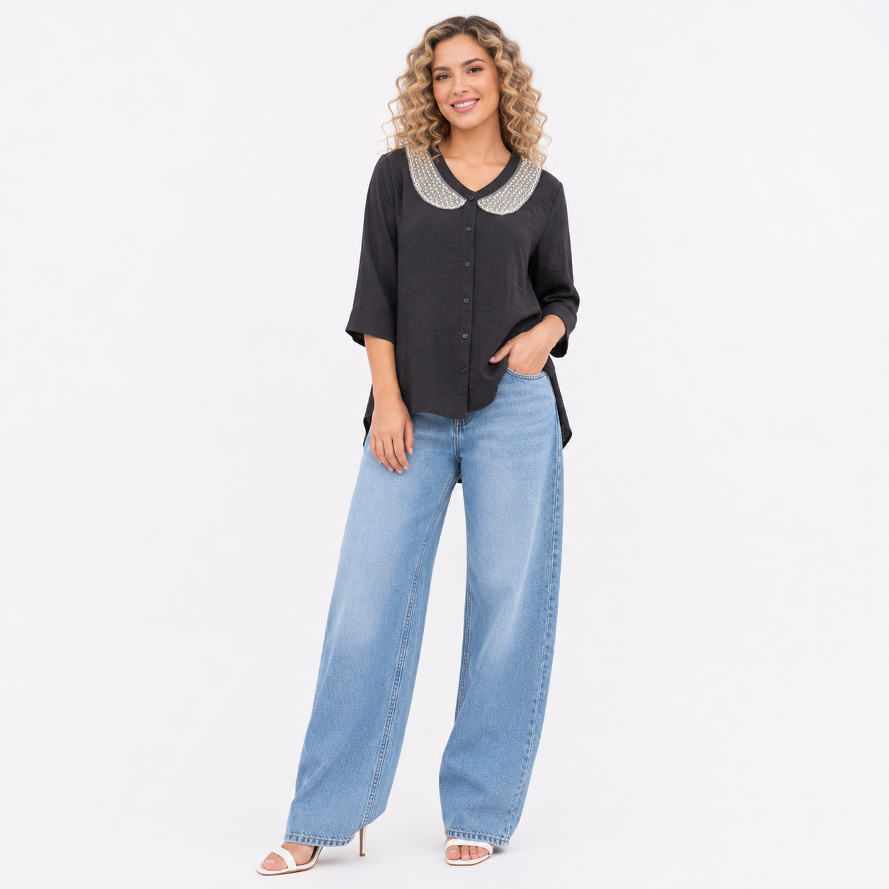 V-Neck with Pearl Embellished Peter Pan Collar