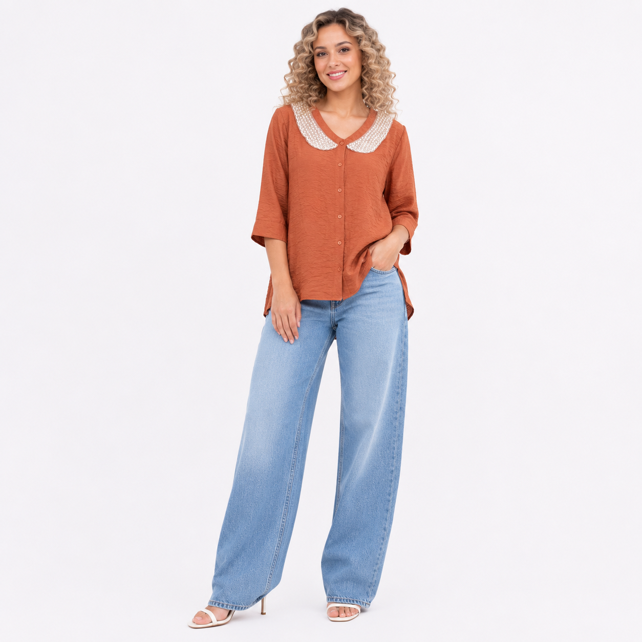 V-Neck with Pearl Embellished Peter Pan Collar