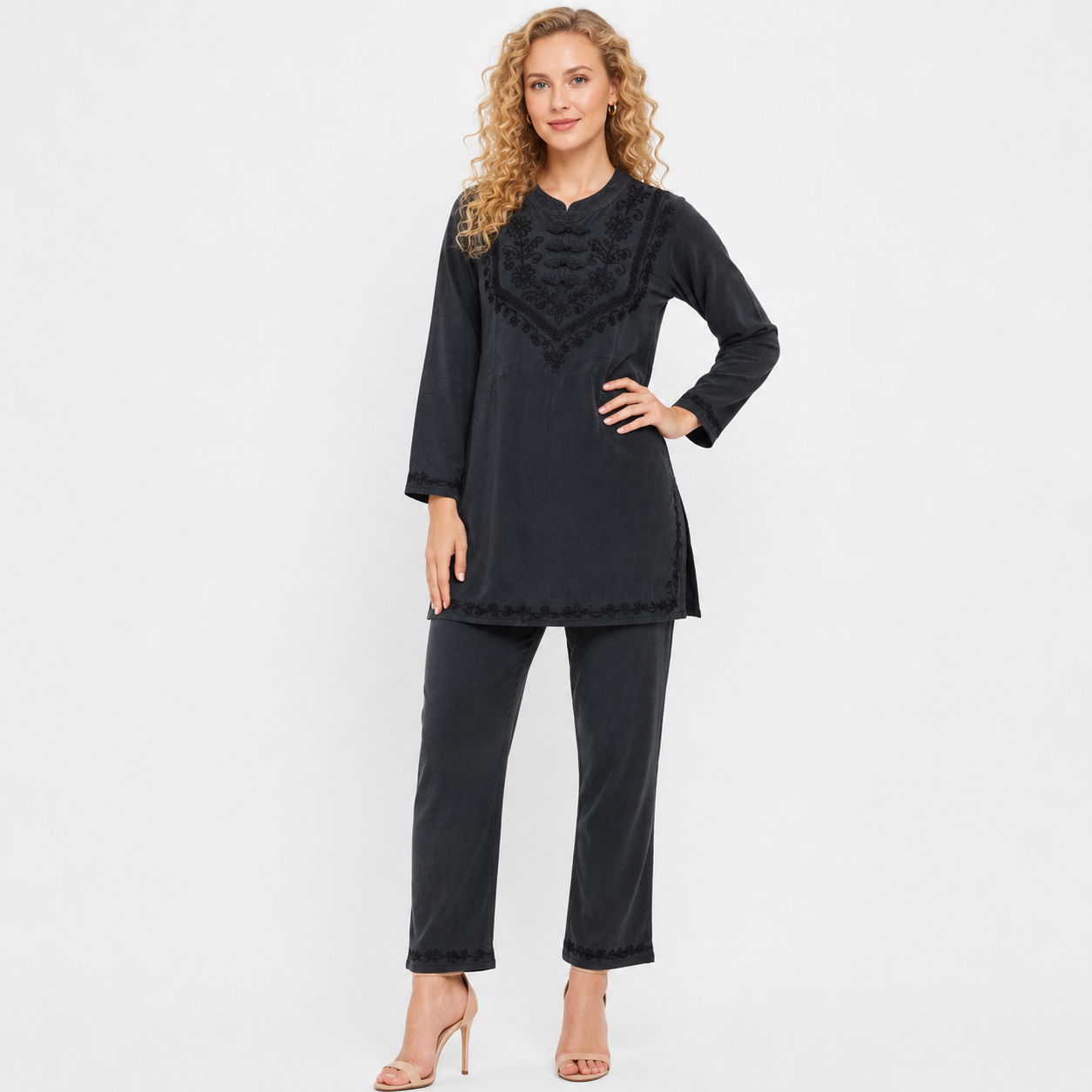 Solid with Floral Thread Embroidery cord set