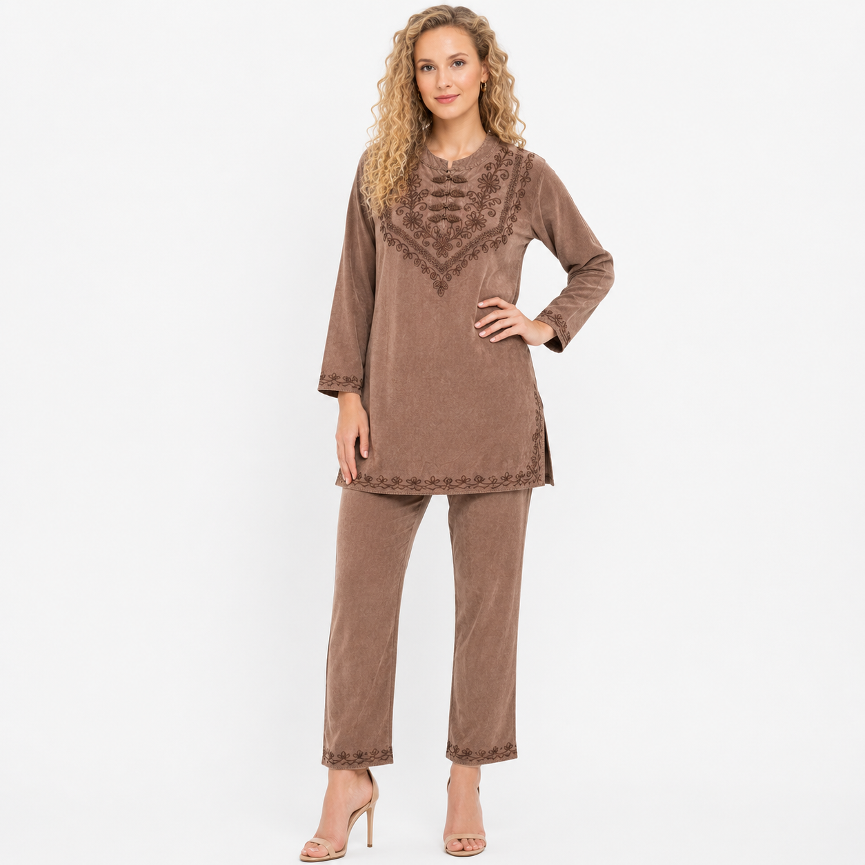 Solid with Floral Thread Embroidery cord set