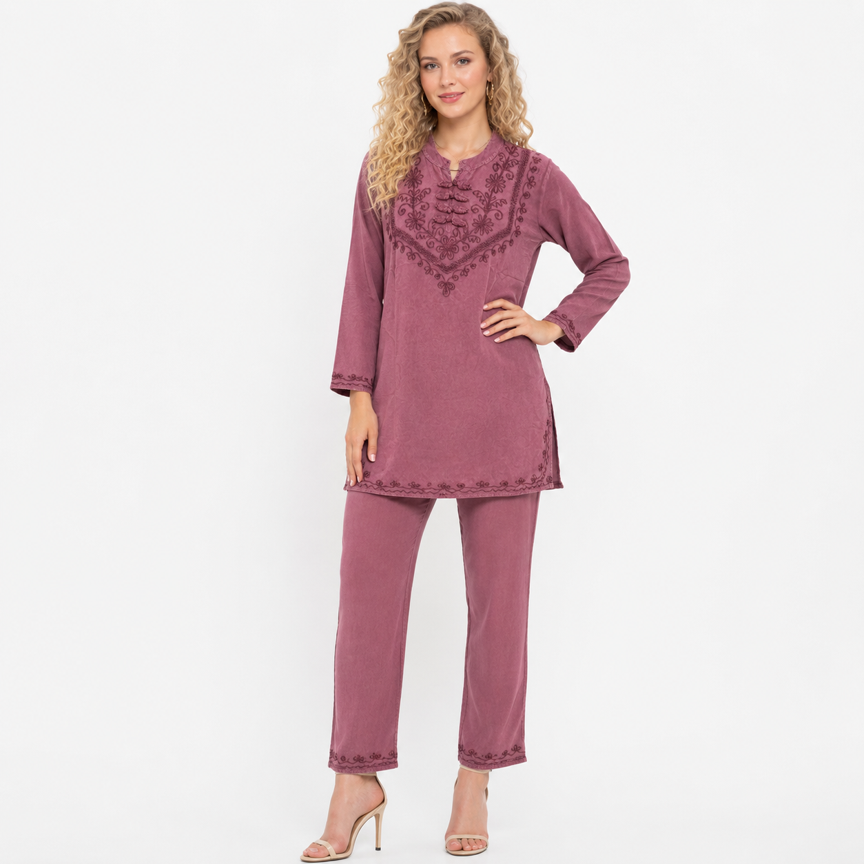 Solid with Floral Thread Embroidery cord set