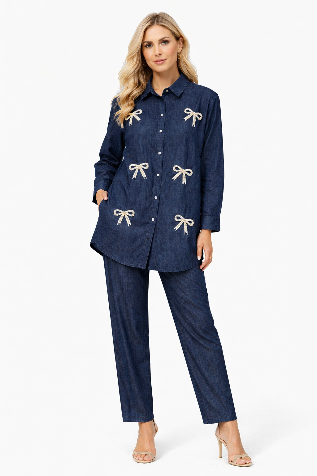 pearls bow denim cordset