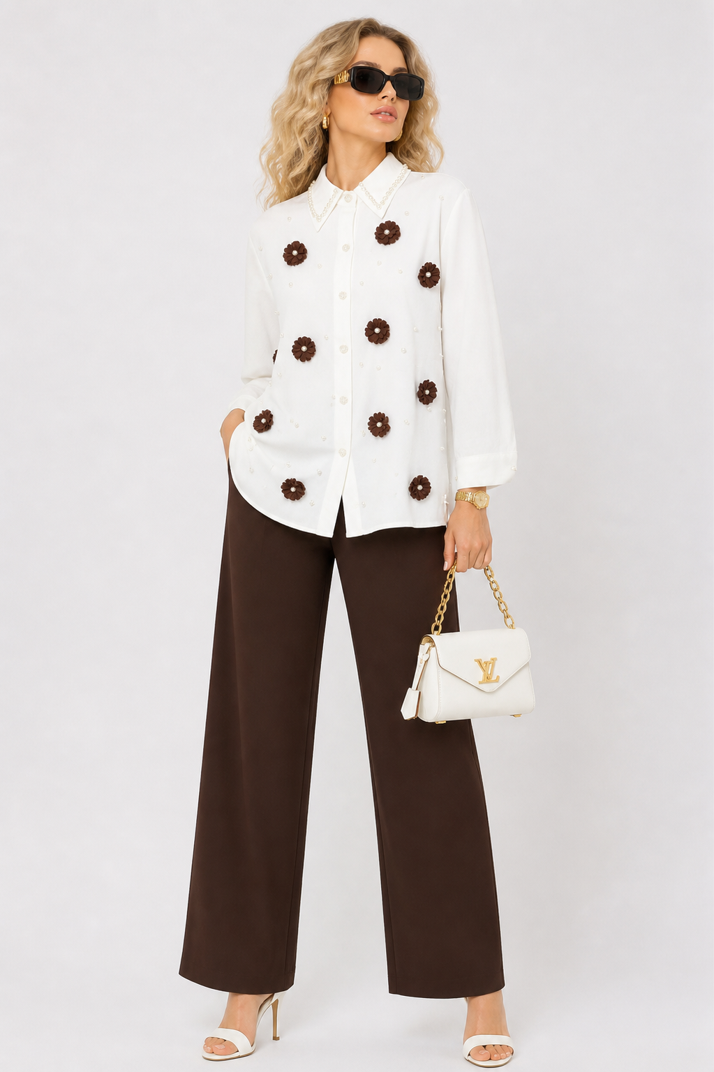 Floral Appliqué Shirt & Mauve Trouser Co-Ord Set,