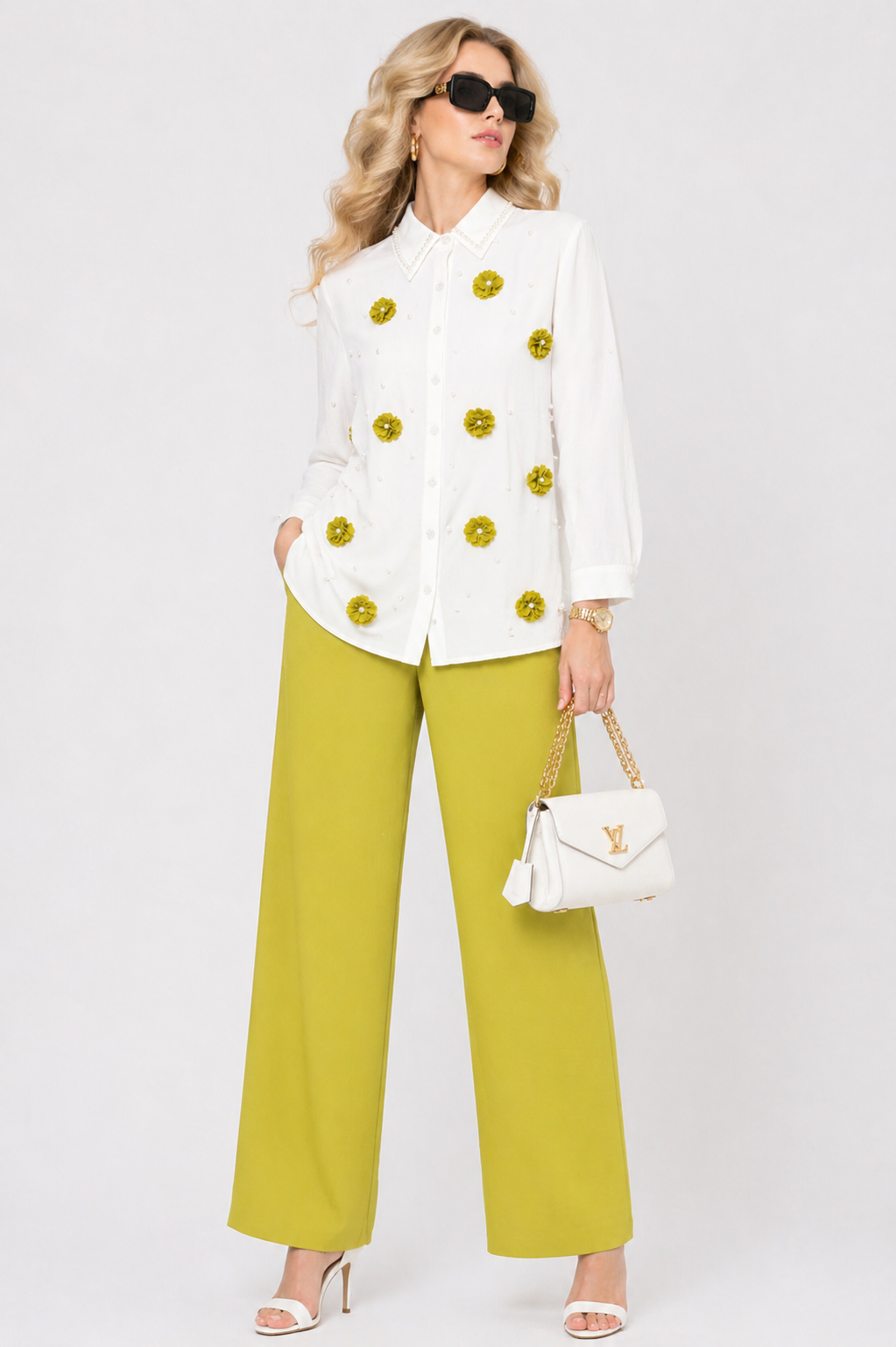 Floral Appliqué Shirt & Mauve Trouser Co-Ord Set,