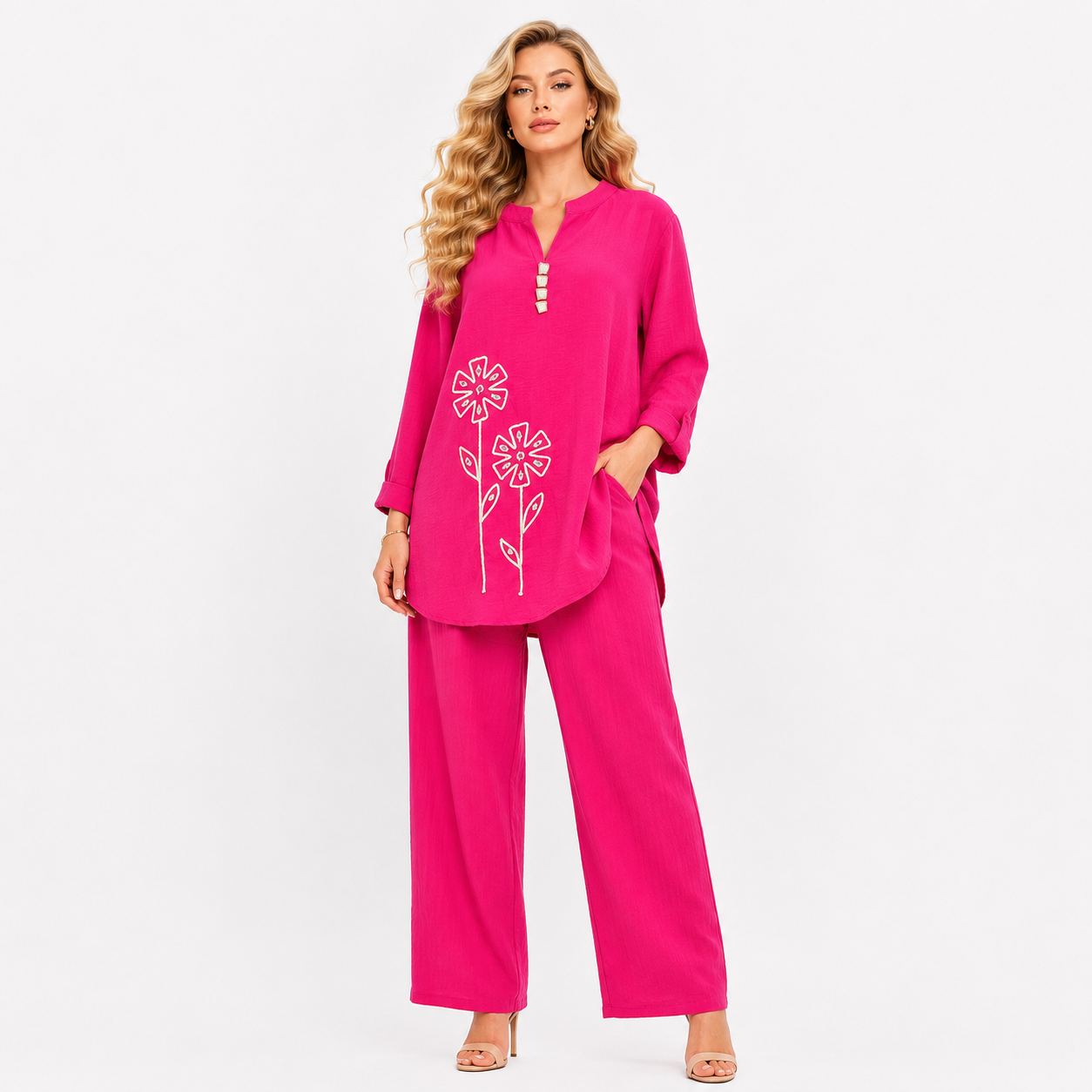 V NECK FLORAL CORD SET