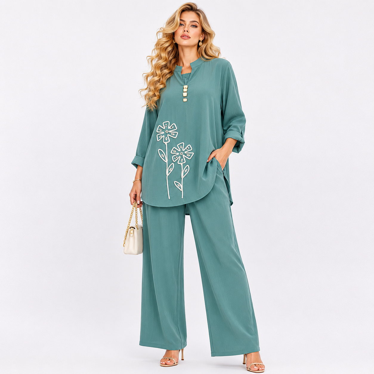 V NECK FLORAL CORD SET