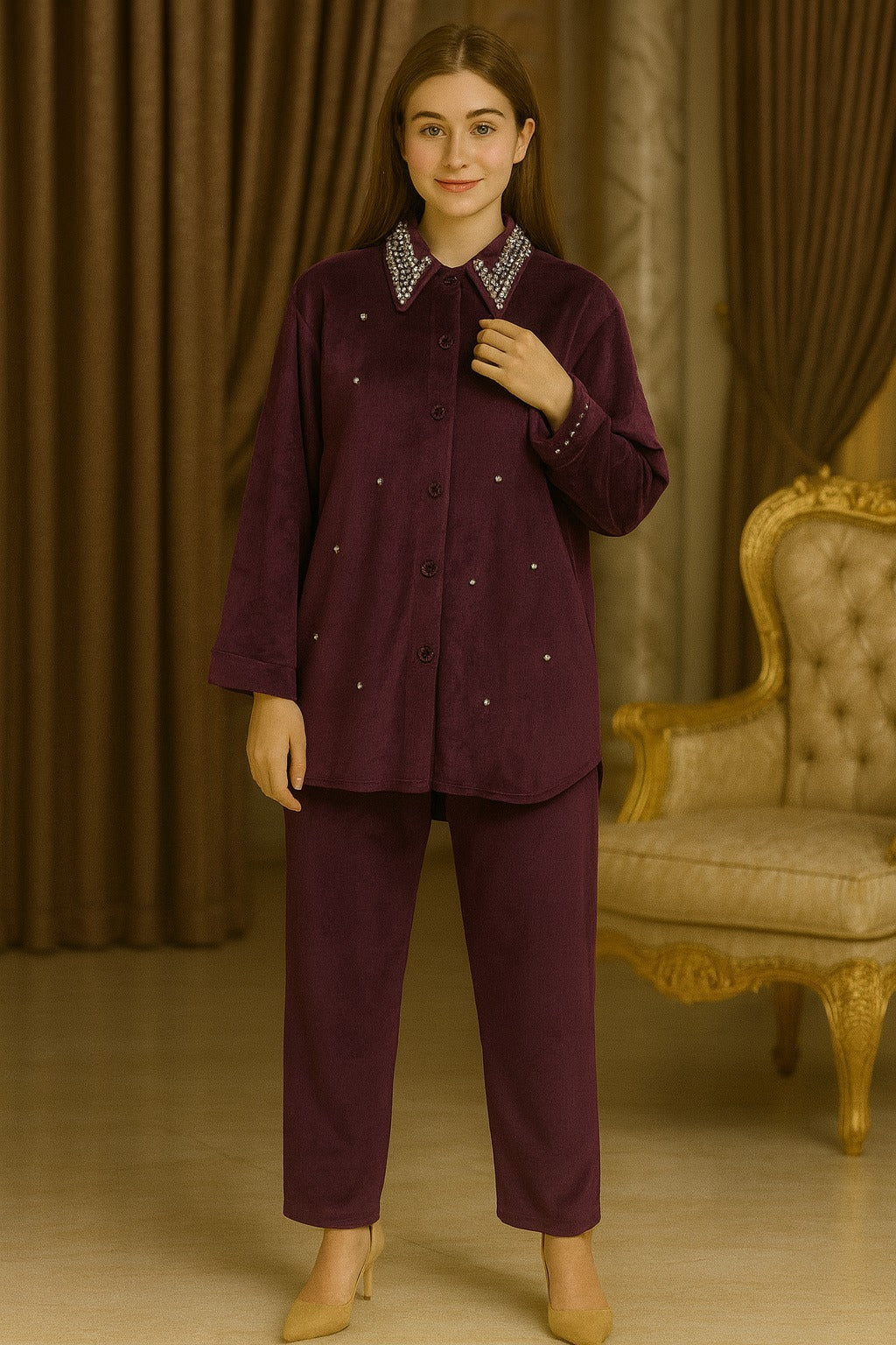 Neck studed coat set free size till to xxl