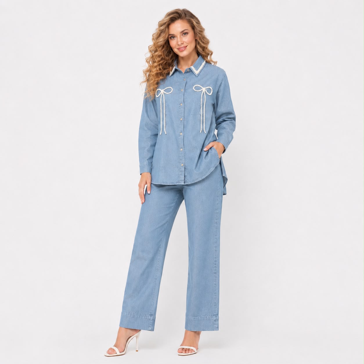 PERLS LONG BOW DENIM CORD SET