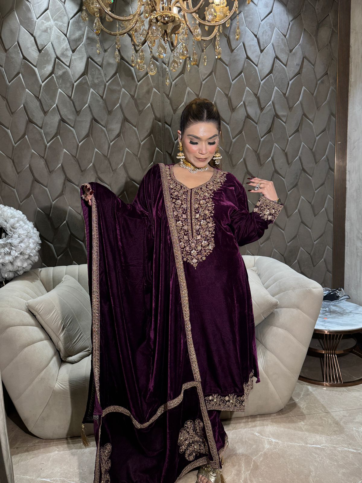 VELVET WINE COLOUR SUIT FREE SIZE TILL TO 2XL