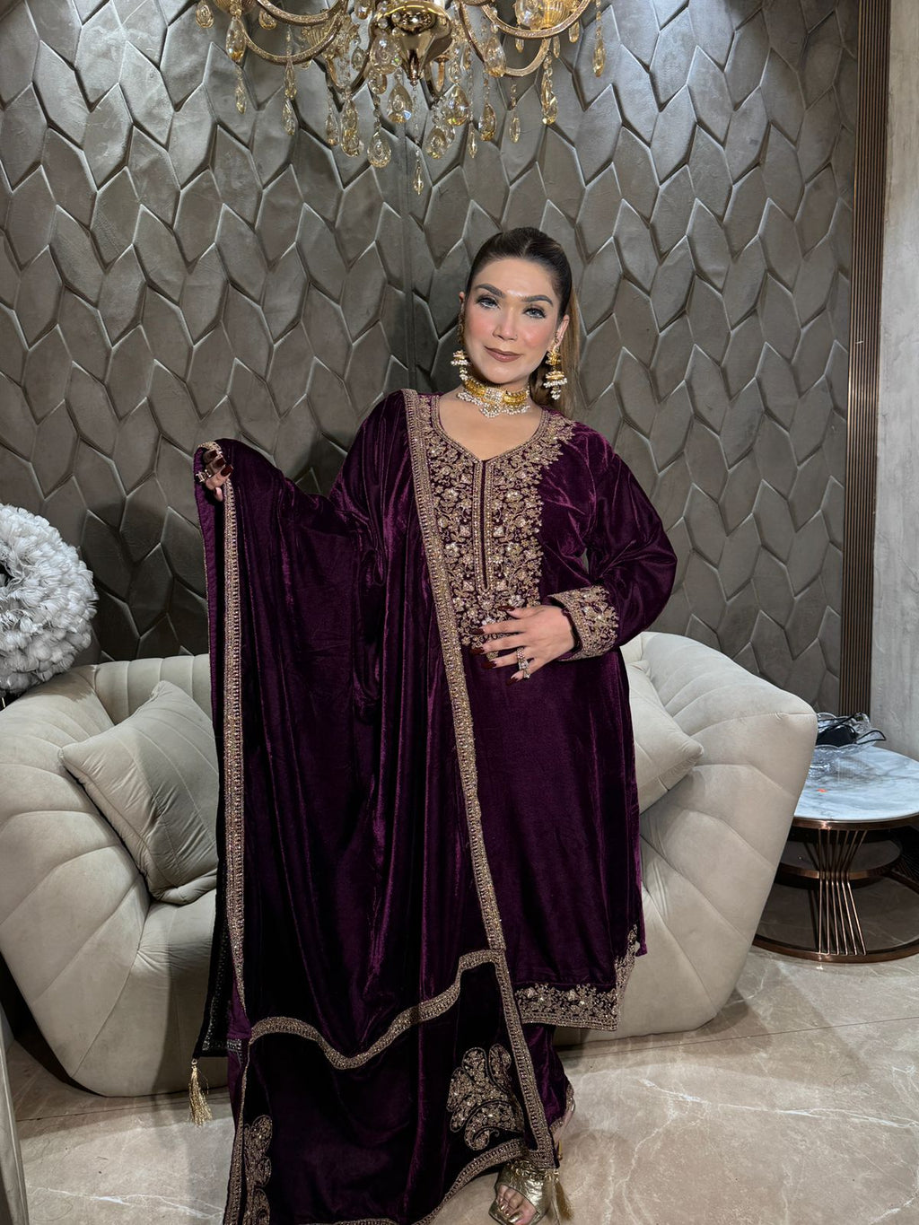 VELVET WINE COLOUR SUIT FREE SIZE TILL TO 2XL