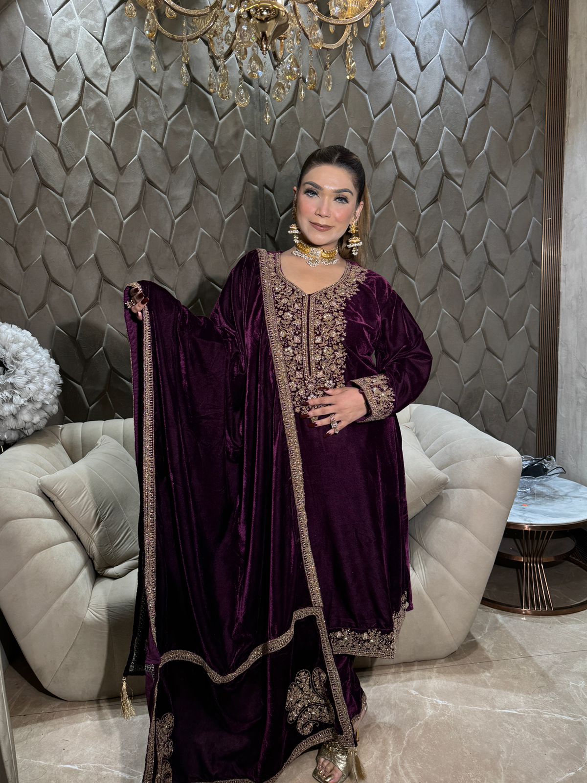 VELVET WINE COLOUR SUIT FREE SIZE TILL TO 2XL