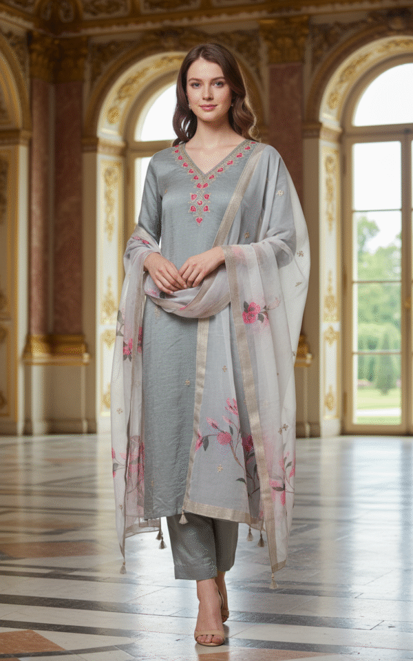 Grey Floral Suit | Free Size Till M(38) – XL(42)