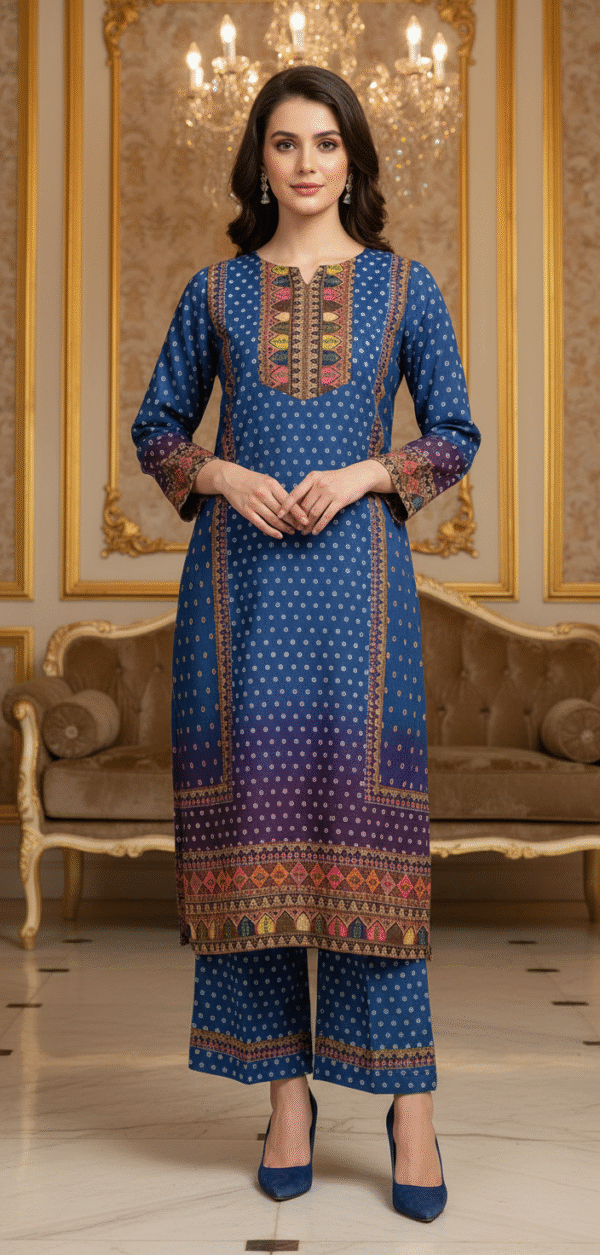 Blue Dotted Embroidered Suit Set | Fits Upto L (40)