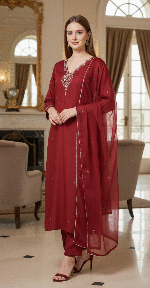 Royal Maroon Thread Suit | Free Size Till M(38) – XXL (44)
